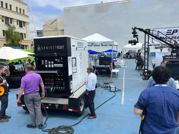 Saniset Fleet battery power trailer at a film industry showcase